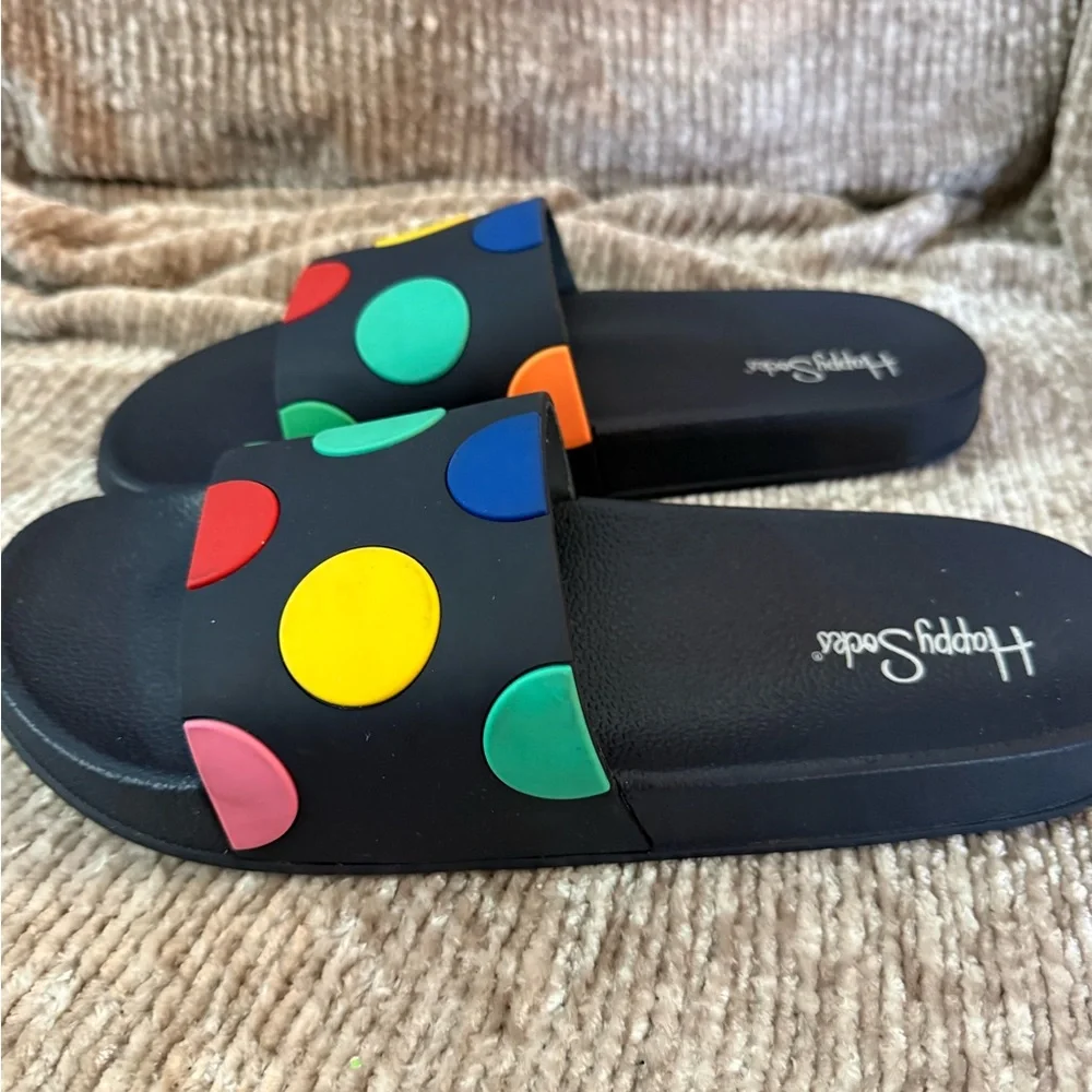 HAPPY SOCKS Men's Big Colorful Dots Comfortable Slides Size 8.5-9.5 EUC - Picture 2 of 6